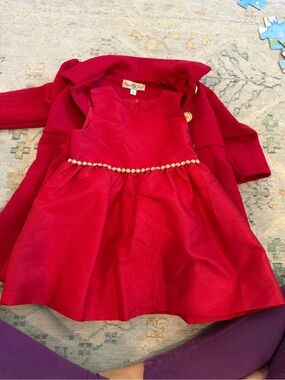 Classic Red Party Dress for Girls - Pearl Waist Detail with Jacket